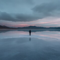Solitary figure reflects on serene salt flat at sunset