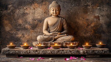 Meditative Buddha Sculpture with Candles Tranquil Setting Art Display Serene Environment Close-Up View Spiritual Concept