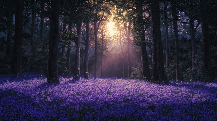 Enchanted forest scene with sunlight streaming through trees illuminating a carpet of vibrant purple flowers in tranquil nature