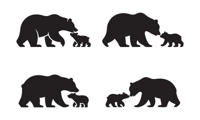 Mother Bear with Cub Silhouettes. Fully editable Flat and Outline. 