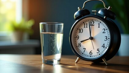 A glass of water beside a clock showing fasting hours, dedication, night, plan
