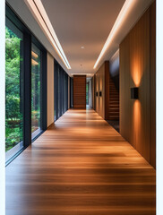 A beautifully designed hallway featuring elegant wooden flooring and ambient lighting, seamlessly connecting indoor and outdoor spaces.