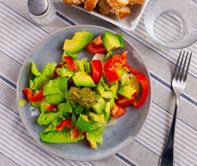 Plate contains portion of salad of fresh seasonal vegetables, complemented by small carafe of olive oil. Salad made from bell pepper, chin cabbage, avocado, pesto dressing