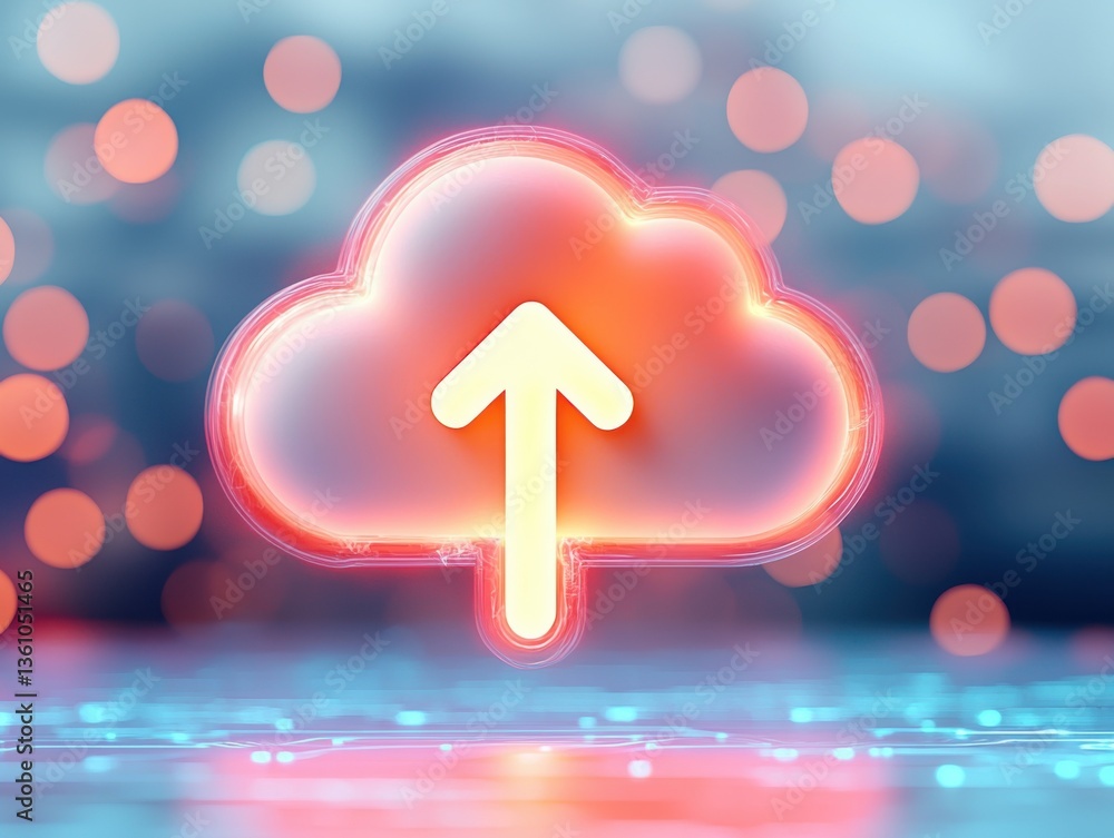 Poster modern cloud storage symbol with vibrant colors and upward arrow, representing data upload.