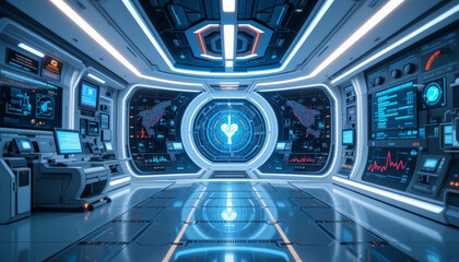 Futuristic control room with advanced technology, glowing screens, and central holographic display. sleek design and blue lighting create high tech atmosphere, perfect for sci fi settings