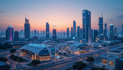 Fototapeta premium stunning cityscape at dusk showcases modern skyscrapers and architectural marvels, illuminated by vibrant lights against twilight sky. scene evokes sense of urban energy and innovation