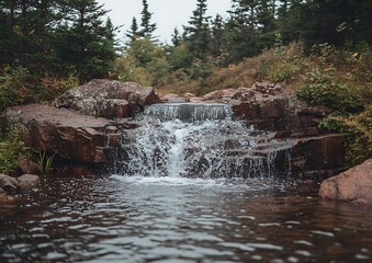 Obraz premium A small waterfall cascades over layered rocks into a pool