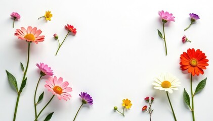 Fototapeta premium Delicate, scattered wildflowers on white backdrop, subtle, backgrounds, elegant