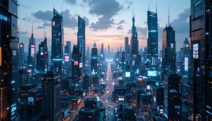 Obraz premium vibrant cityscape dusk showcases futuristic skyscrapers adorned with neon lights and digital displays, creating lively urban atmosphere. skyline is filled with towering buildings, reflecting