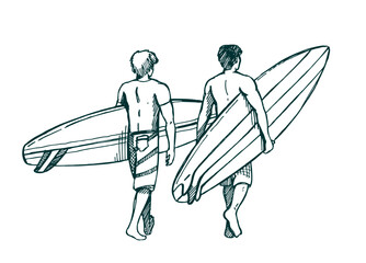 Illustration of a pair of surfers in free and casual lines.