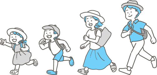 走っている夏の家族のイラストセット