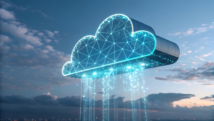 graphic representation of a large, glowing blue 3D digital "cloud" hovering above a city skyline at dusk.