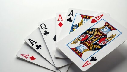 Four aces fanned out, showing intricate details , texture, art