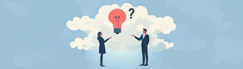 Two professionals discuss innovative ideas with a lightbulb concept.