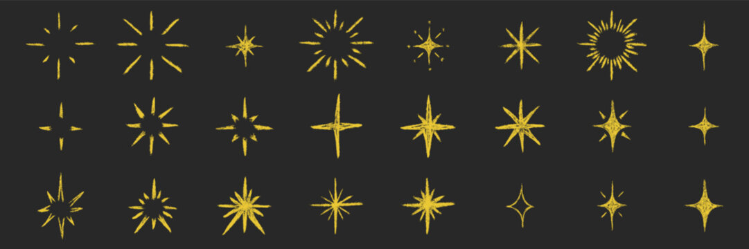 Naklejki Stars big set. Chalk textured kids freehand drawing shine twinkle. Crayon hand drawn child scribble spark. Pastel pencil childish decorative sparkling collection. Sketch vector illustration isolated