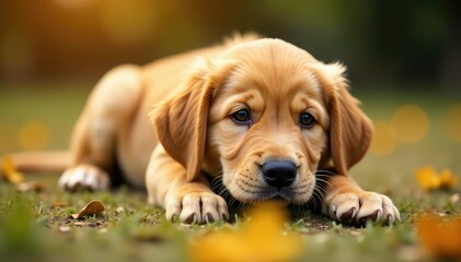 Golden Retriever puppy lies down, head tilted , furry, puppy