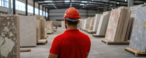Obraz premium Worker observing stone slabs in a bright warehouse for construction materials.