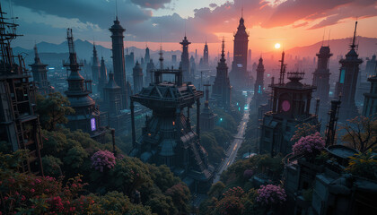 Naklejka premium futuristic cityscape at sunset, featuring towering skyscrapers, intricate architecture, and lush greenery. scene evokes sense of wonder and tranquility amidst urban life