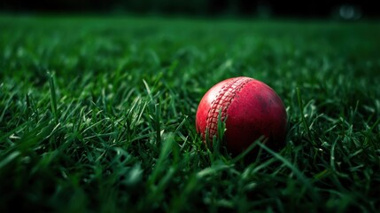 Close-Up View of a Bright Red Cricket Ball on Lush Green Grass in Natural Outdoor Environment