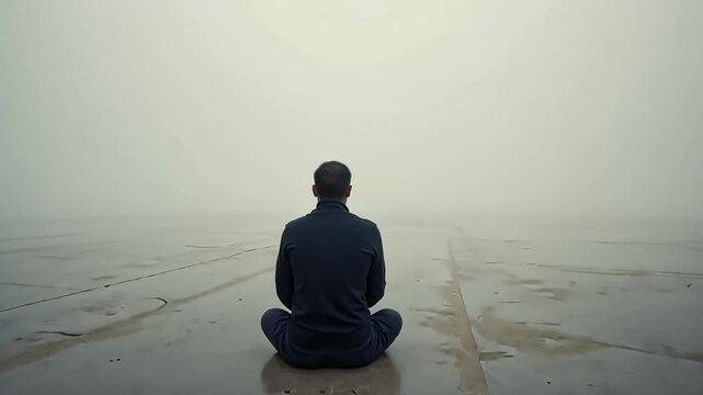 Man Sitting Alone in the Fog Facing the Unknown