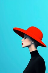 Surreal minimalist magazine cover featuring a profile silhouette with a bold red hat against a dreamy blue background