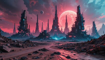 Naklejka premium futuristic cityscape with towering structures and vibrant color palette, featuring large moon and distant planets in sky. scene evokes sense of wonder and exploration