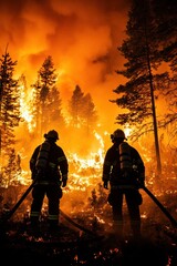 Fototapeta premium Firefighter fighting extinguishing wild fire in forest.