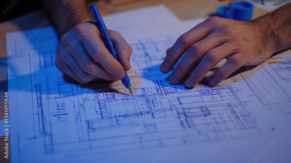 Poster Hands Sketching Architectural Blueprint with Blueprints and Tools on Table for Construction and Design Projects