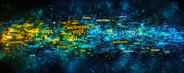 This dynamic image showcases a colorful array of keywords related to wellness, yoga, nutrition, and sleep, emphasizing the holistic approach to health and self-care.