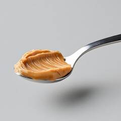 Spoonful of peanut butter, studio shot, grey background, food advertising