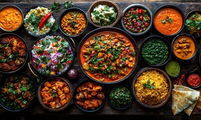 Fototapeta premium Diverse Indian Dishes, Overhead View, Rustic Table, Food Photography