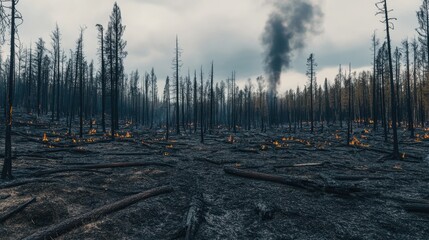Devastated aftermath scene of wild forest fire.