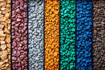 Variety of colorful garden rocks gravel pebbles for hardscaping, flat lay
