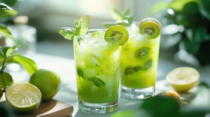 Fototapeta premium A person enjoying a juice cleanse with green juice and fruits