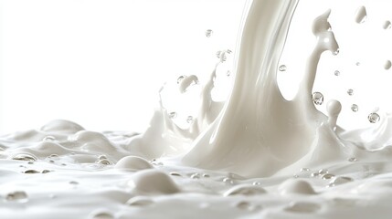 A gentle stream of fresh milk pouring down from the top right, crystal clear detail with high-resolution studio lighting on a pure white background.