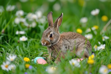 Fototapeta premium Easter bunny rabbit with blue painted egg on blue background. Easter holiday concept. 