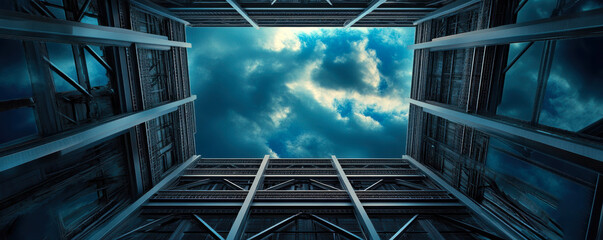 Explore a dramatic architectural perspective capturing the interplay of steel and sky, showcasing a unique view of urban elements framed against a dynamic, cloud-studded atmosphere.