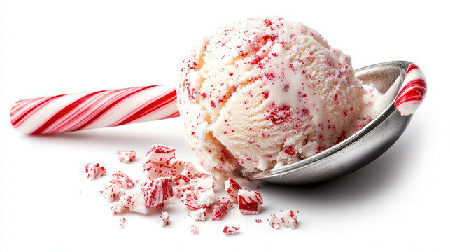 Delight in scoop of peppermint ice cream, featuring crushed candy cane pieces, served in metal scoop alongside festive striped candy cane. This treat evokes holiday cheer