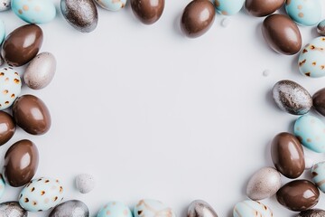 Top down view of an Easter border frame of robin's eggs and chocolate eggs with copy space in the middle 