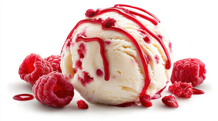 Creamy cheesecake ice cream scoop topped with raspberry sauce and fresh raspberries, creating delightful and indulgent dessert experience