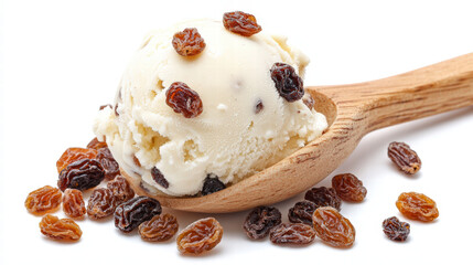 delicious scoop of rum raisin ice cream sits on wooden spoon, surrounded by plump raisins, evoking sense of indulgence and sweetness