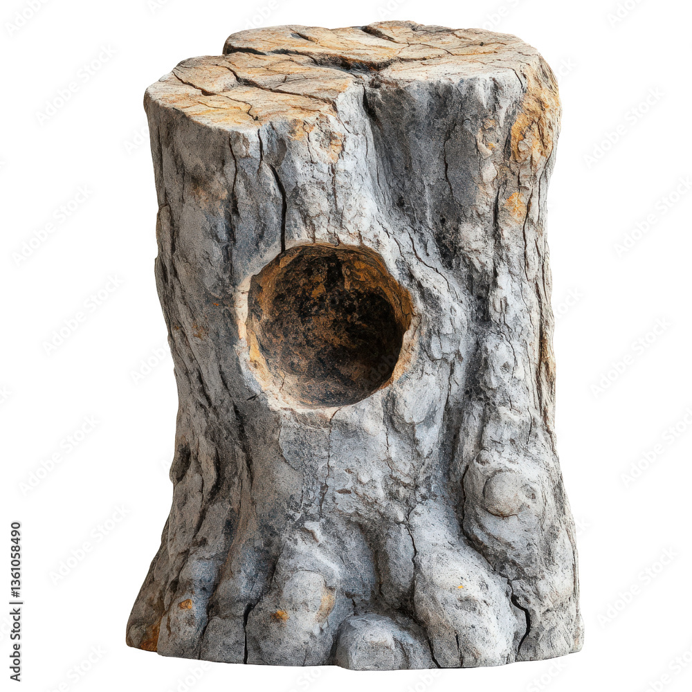 Poster weathered old tree trunk section with circular hollow on a transparent background