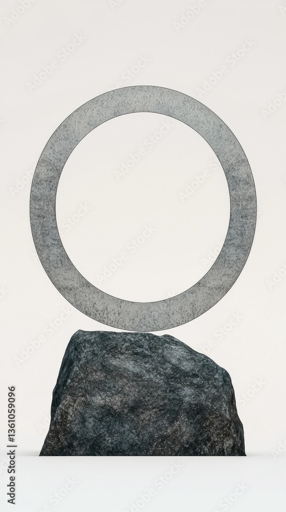 Poster a minimalist sculpture featuring a circular stone ring balanced on a rough stone base, emphasizing s