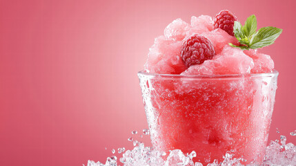 refreshing raspberry lemonade slush in glass, topped with fresh raspberries and mint leaf, surrounded by crushed ice, evokes sense of summer joy and relaxation