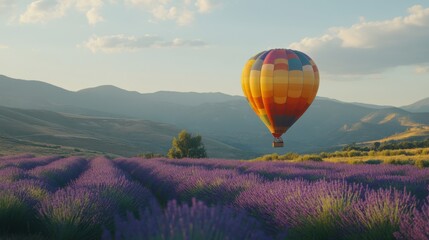 Naklejka premium Colorful Hot Air Balloon Floating Over Vibrant Lavender Fields in Scenic Mountain Landscape