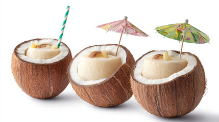 Refreshing tropical coconut drinks served in halved coconuts, garnished with colorful umbrellas and straws, evoke fun and festive atmosphere perfect for summer gatherings