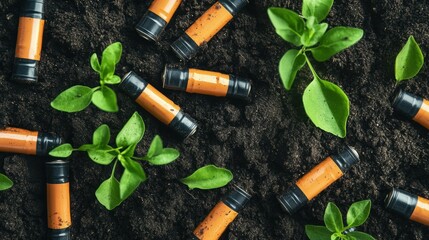 Used batteries on soil field with plants growing. Electronic waste to be disposed.