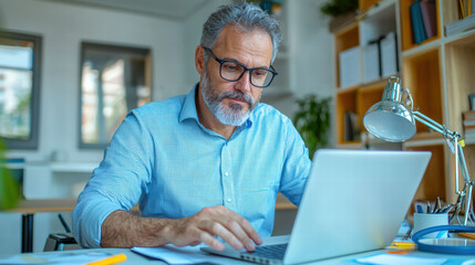 focused middle aged man with gray hair and glasses is working diligently on laptop in modern office setting. atmosphere is professional and organized, reflecting busy work environment