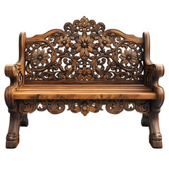 Exquisitely crafted wooden bench showcasing intricate floral carving detail