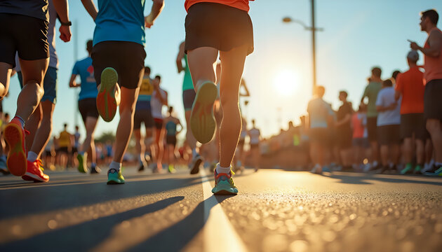 people running a marathon on a road with the sun in the background
